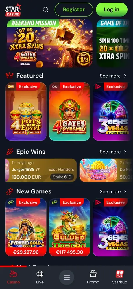Starcasino app screen